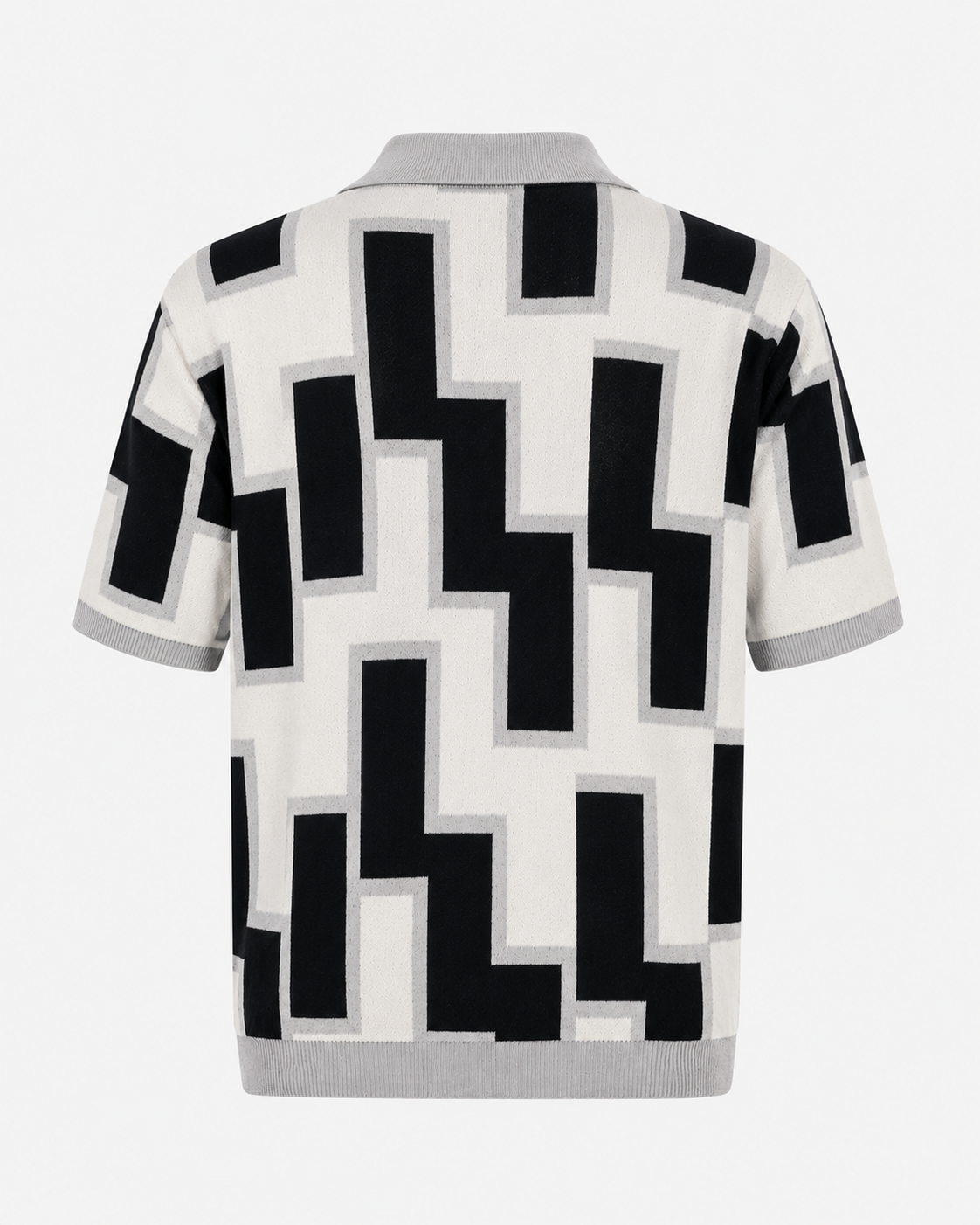 Ivory & black jacquard knit polo — back view showing architectural pattern and heathered grey rib trims
