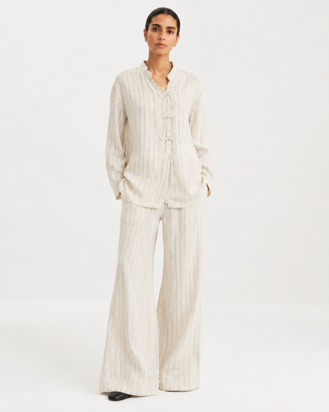 Gazzelle Pinstripe Frog-Closure Top — Oat Pinstripe