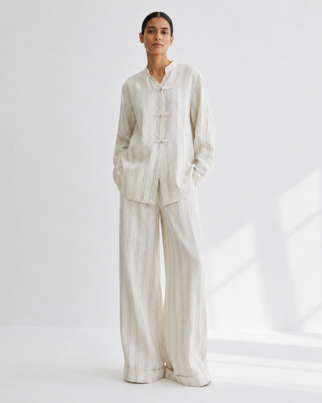 Gazzelle Ticking-Stripe Frog-Closure Top — Cream Ticking