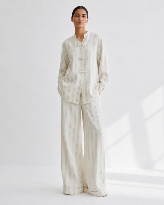 Gazzelle Ticking-Stripe Frog-Closure Top — Cream Ticking