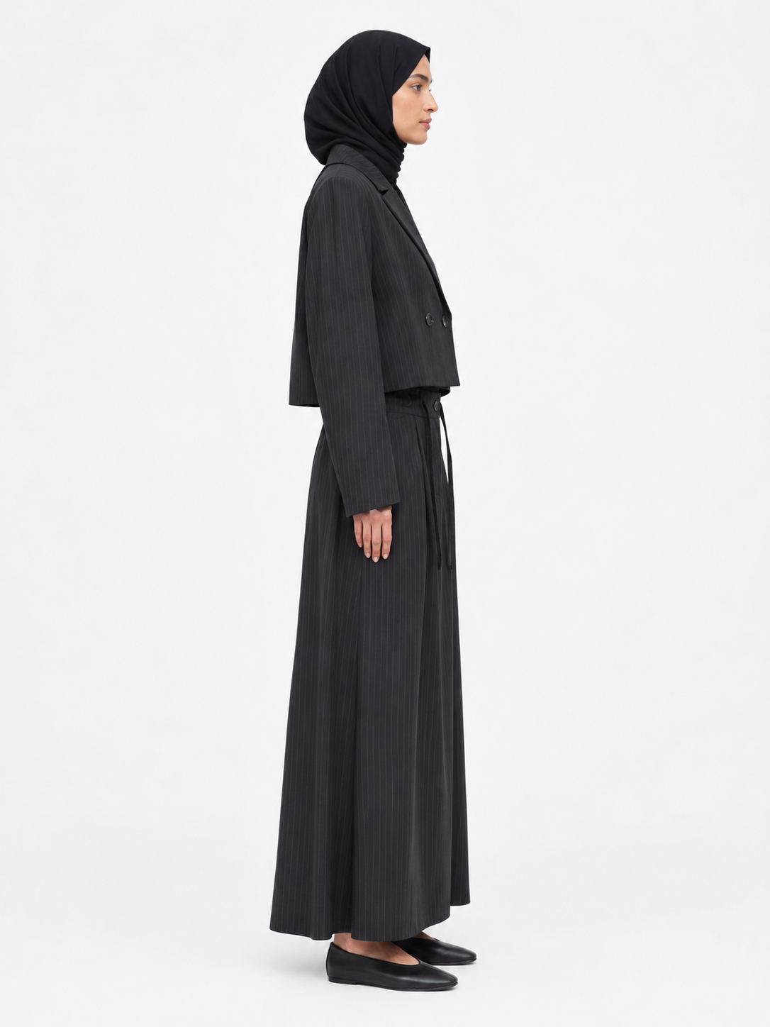 Pleated A-Line Maxi Skirt — Black Pinstripe