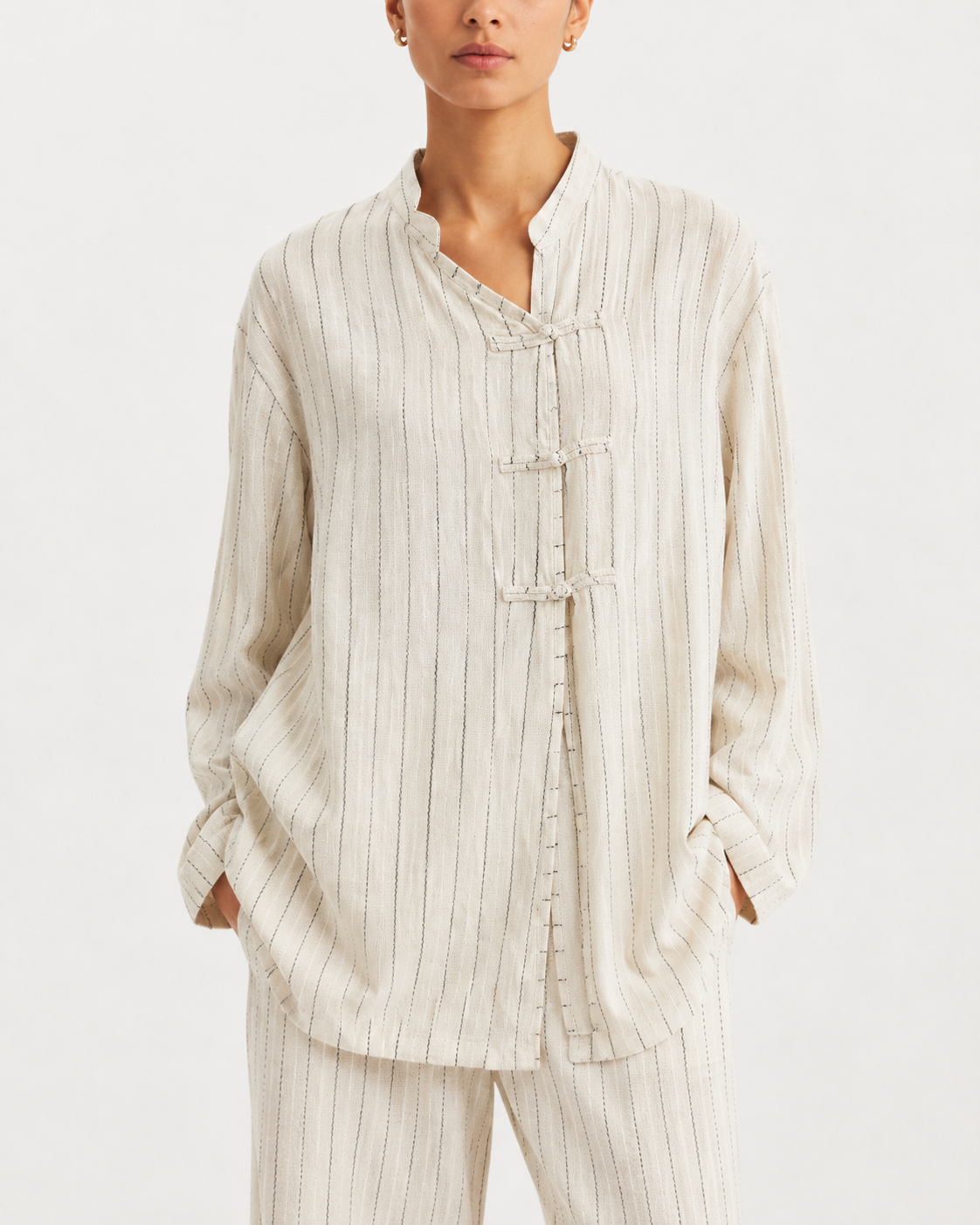 Gazzelle Pinstripe Frog-Closure Top — Oat Pinstripe