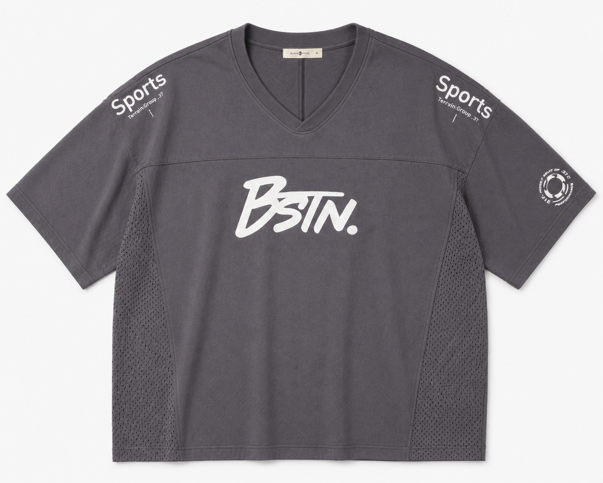 BSTN. Men's Oversized Sports Graphic Interlock Tee — Charcoal