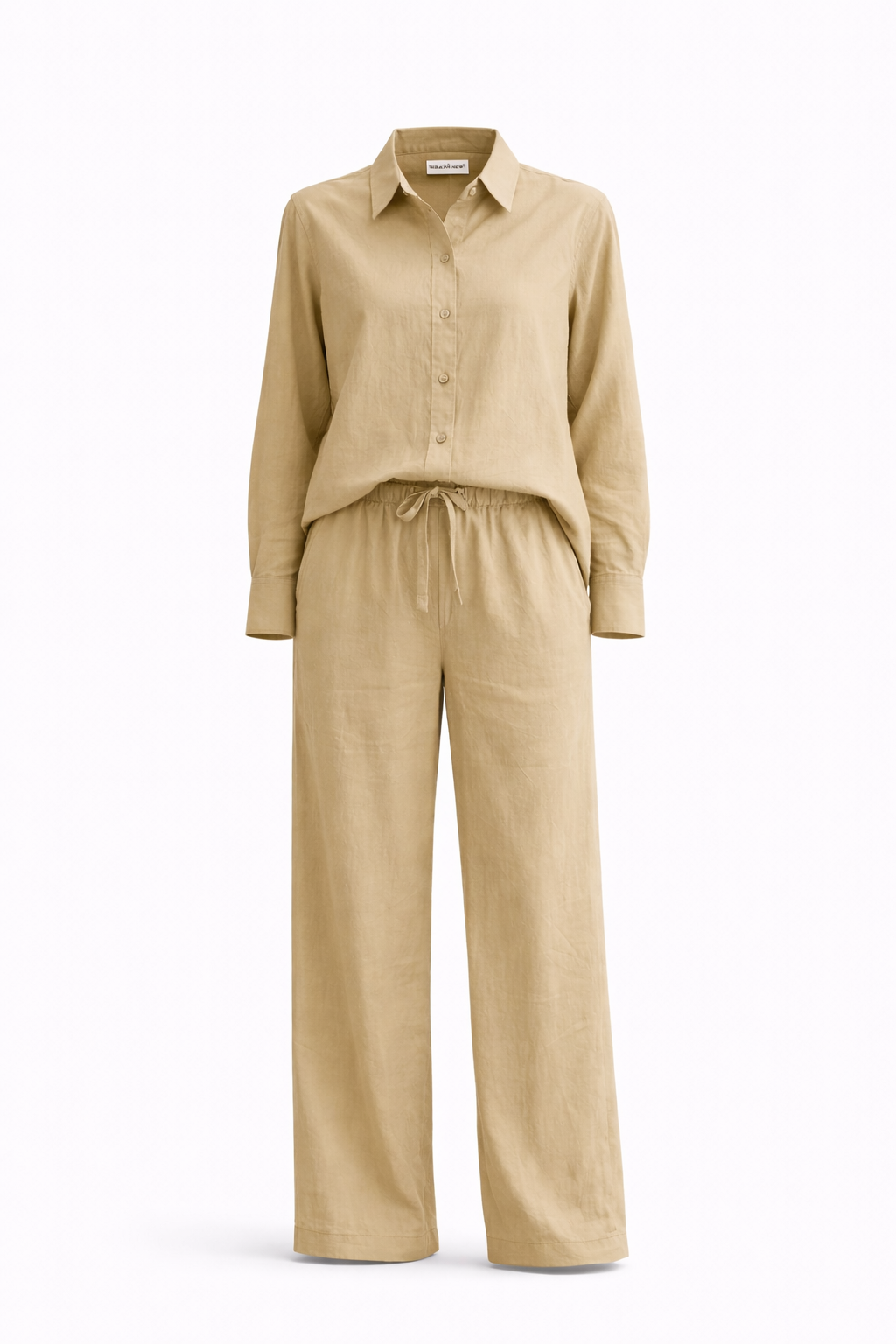Gazzelle Sand Linen Co-ord Set — Long-Sleeve Shirt & Wide-Leg Trousers | طقم منسق محتشم الإمارات