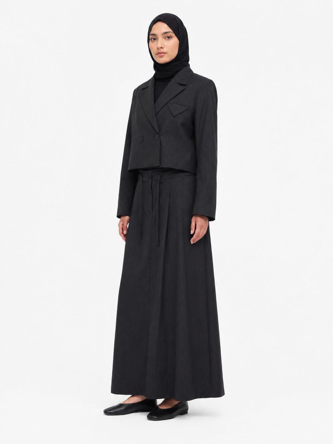 Pleated A-Line Maxi Skirt — Black Pinstripe