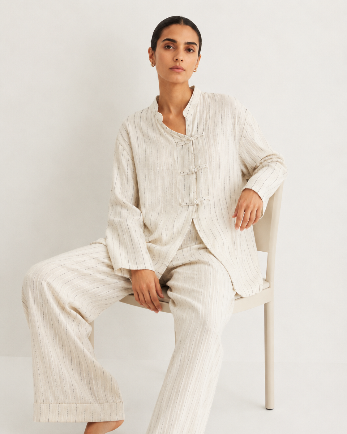 Gazzelle Pinstripe Frog-Closure Top — Oat Pinstripe