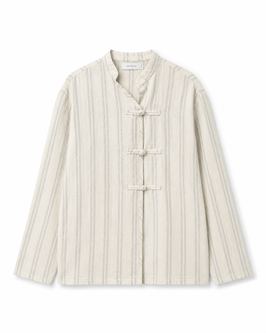 Gazzelle Ticking-Stripe Frog-Closure Top — Cream Ticking