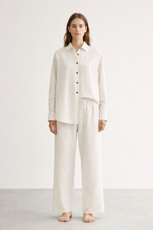 GAZZELLE | Women's Pinstripe Linen Co-Ord Set — Ivory | طقم منسق محتشم الإمارات