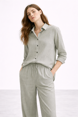 Gazzelle Linen Blend Pinstripe Co-ord Set – Sage | طقم منسق محتشم الإمارات