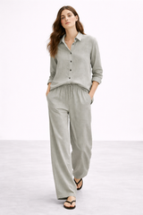 Gazzelle Linen Blend Pinstripe Co-ord Set – Sage | طقم منسق محتشم الإمارات