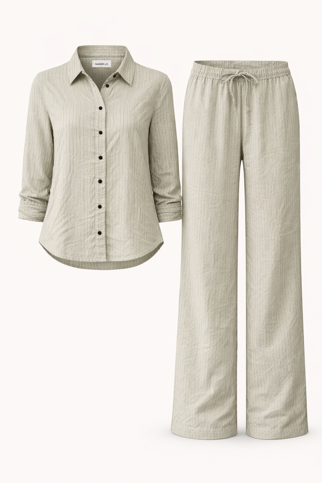 Gazzelle Linen Blend Pinstripe Co-ord Set – Sage | طقم منسق محتشم الإمارات