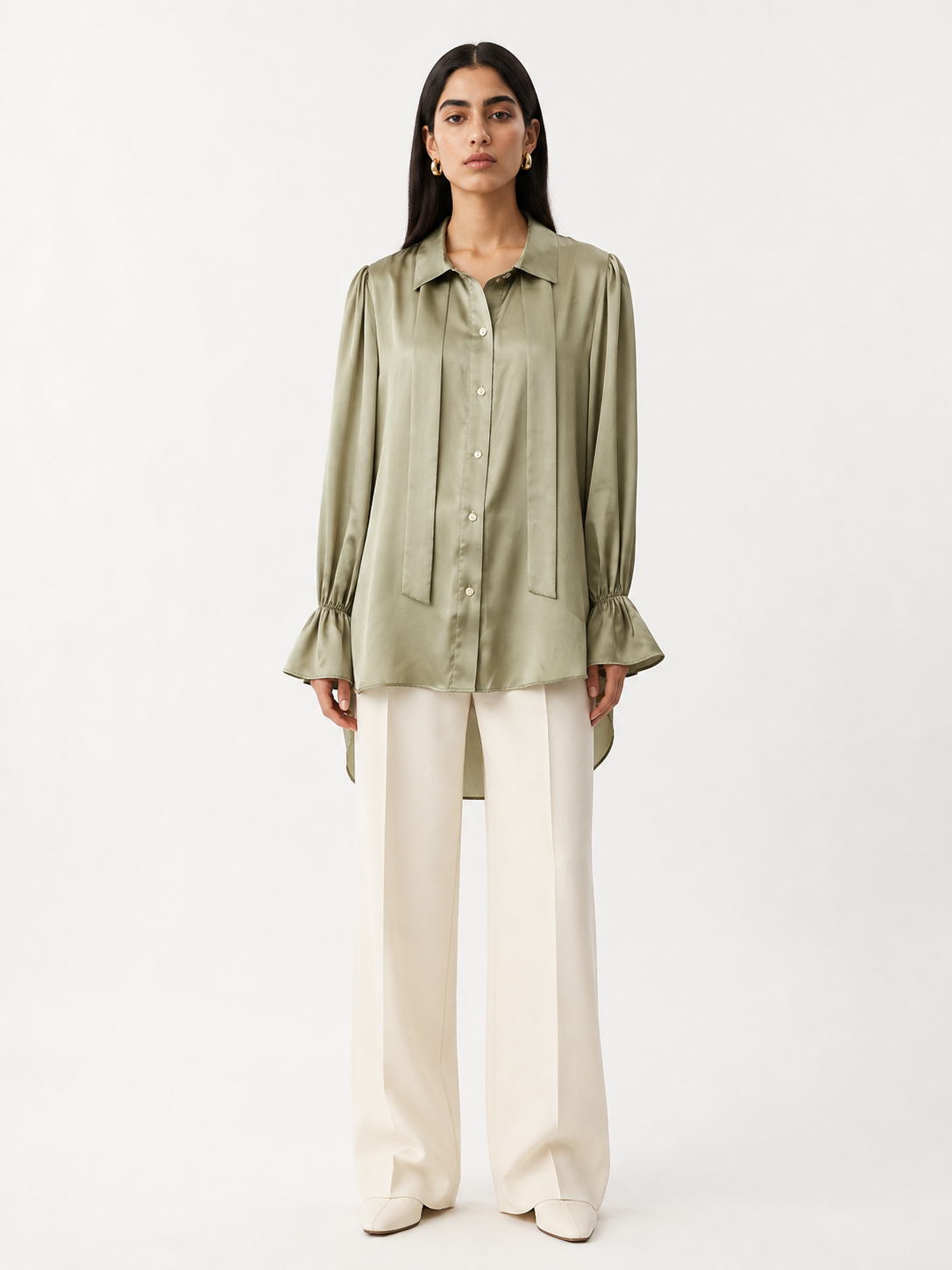 Armani Silk-Satin Statement Shirt — Sage