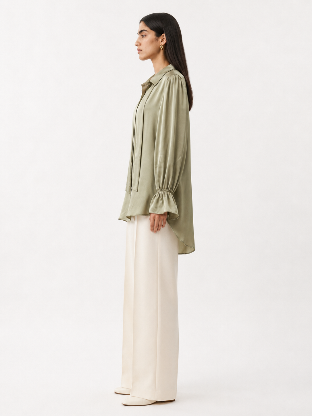 Silk-Satin Statement Shirt — Sage