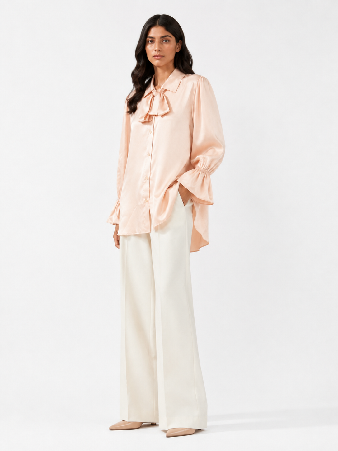 Armani Silk-Satin Statement Shirt — Blush