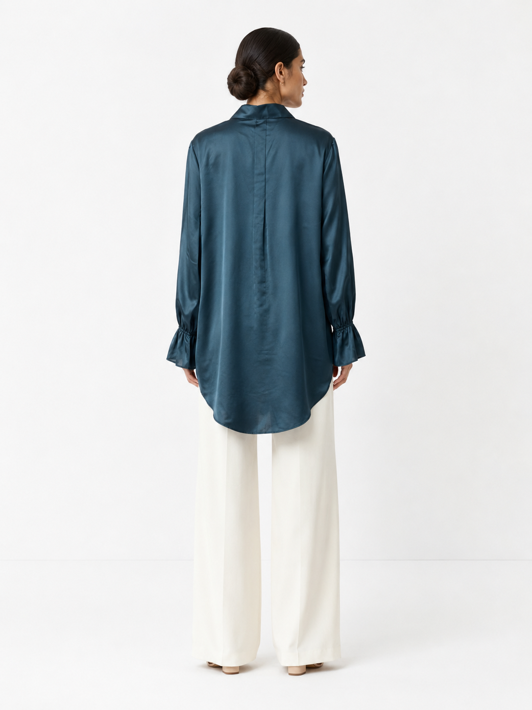 Armani Silk-Satin Statement Shirt — Midnight Teal