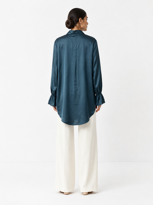 Silk-Satin Statement Shirt — Midnight Teal