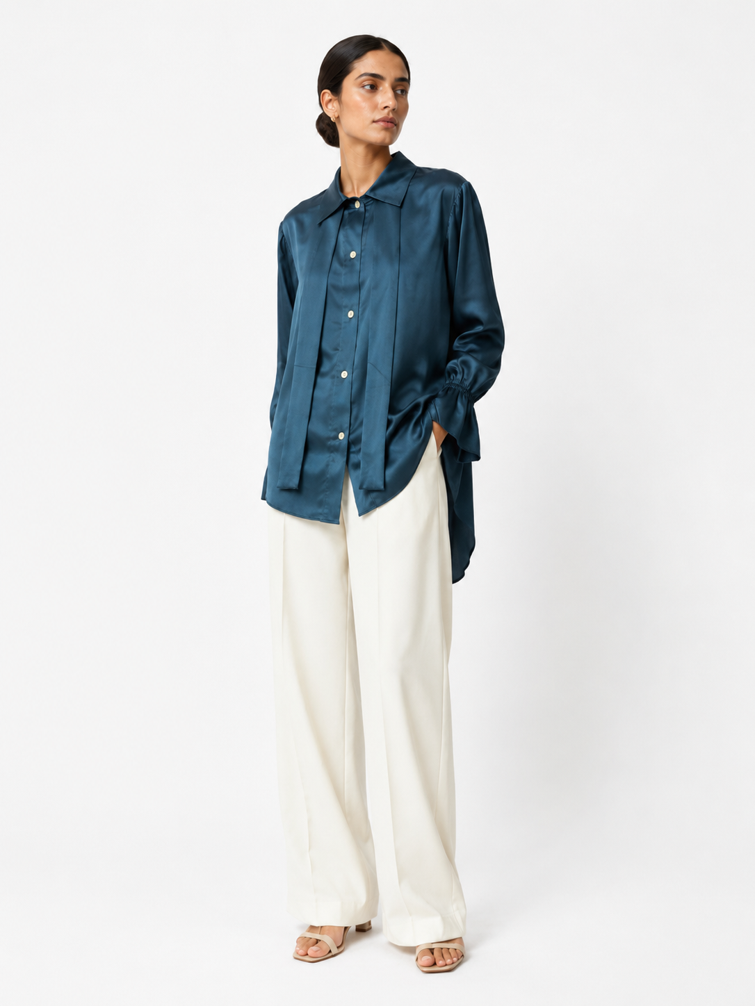 Armani Silk-Satin Statement Shirt — Midnight Teal