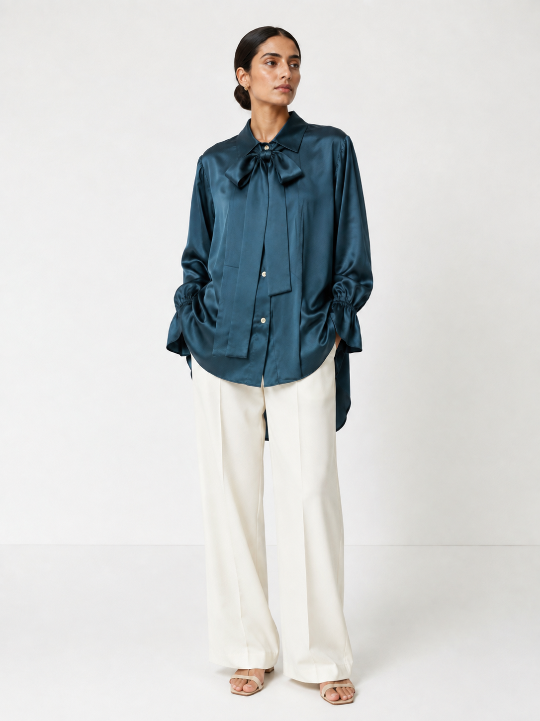 Armani Silk-Satin Statement Shirt — Midnight Teal