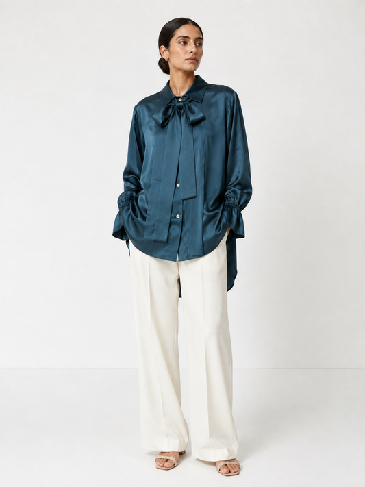 Silk-Satin Statement Shirt — Midnight Teal
