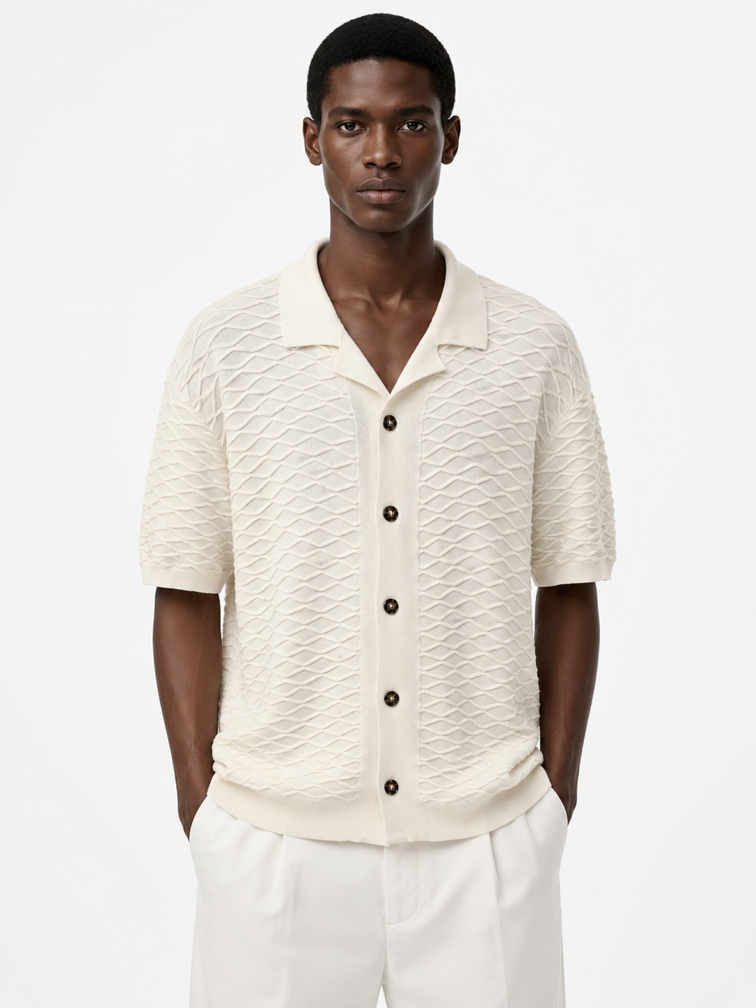 Wave-Texture Knit Camp Collar Shirt — Ecru