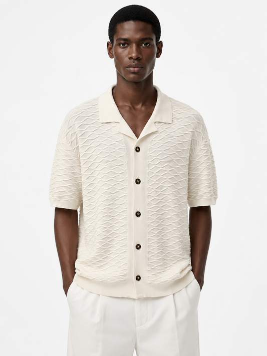 Wave-Texture Knit Camp Collar Shirt — Ecru