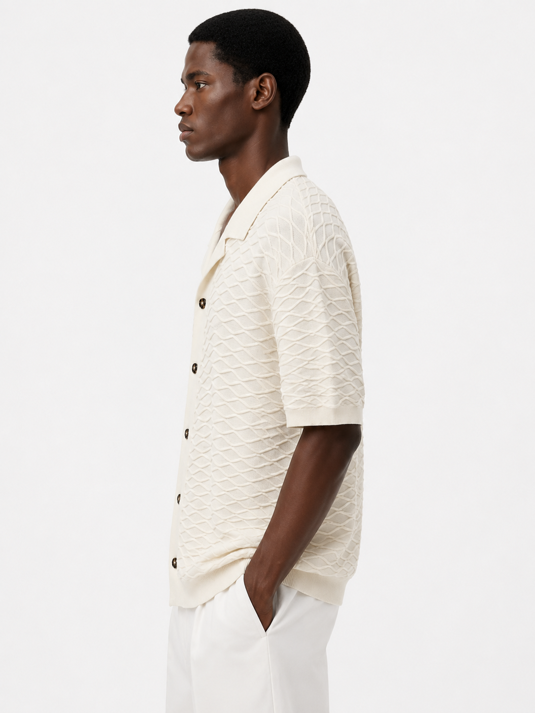 Wave-Texture Knit Camp Collar Shirt — Ecru