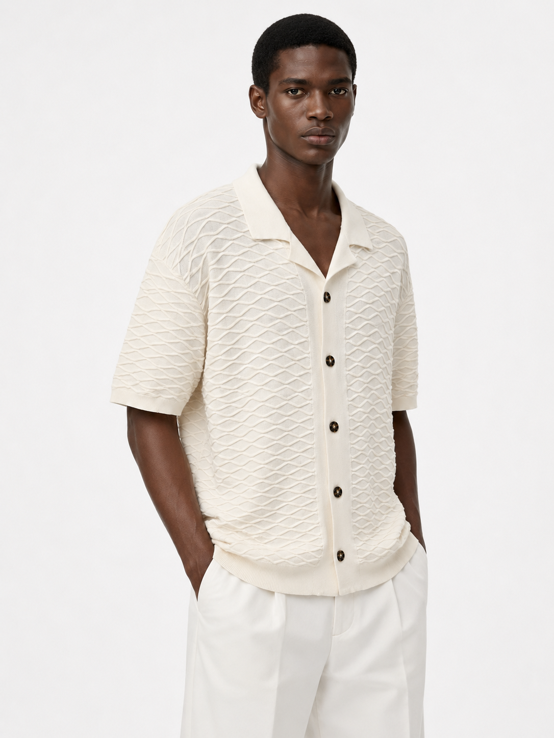 Wave-Texture Knit Camp Collar Shirt — Ecru