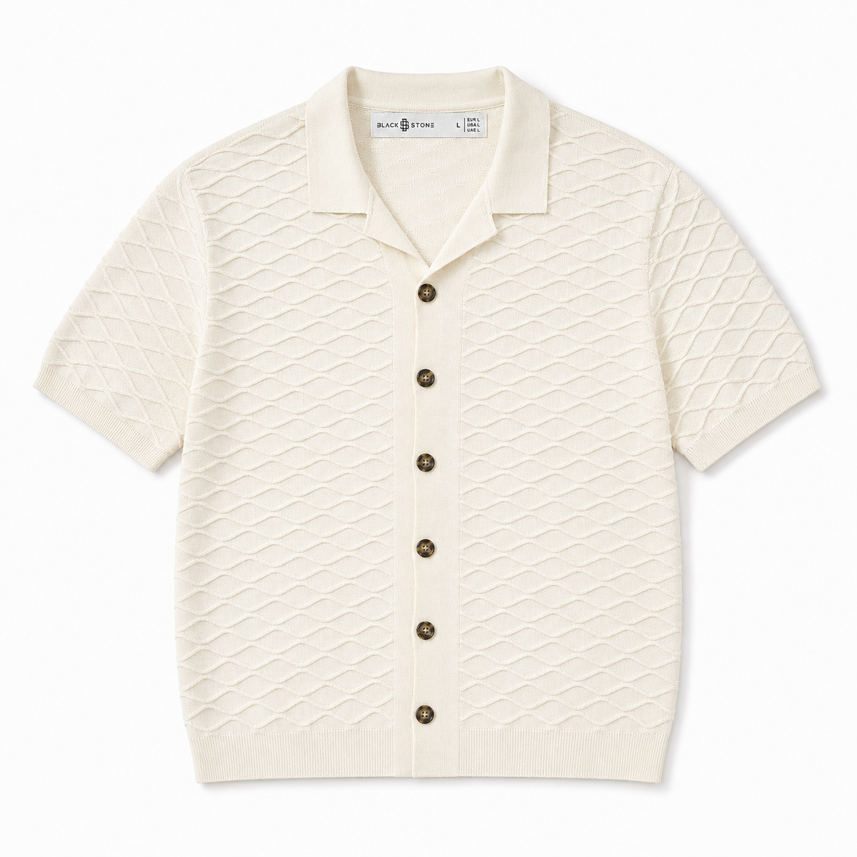 Wave-Texture Knit Camp Collar Shirt — Ecru