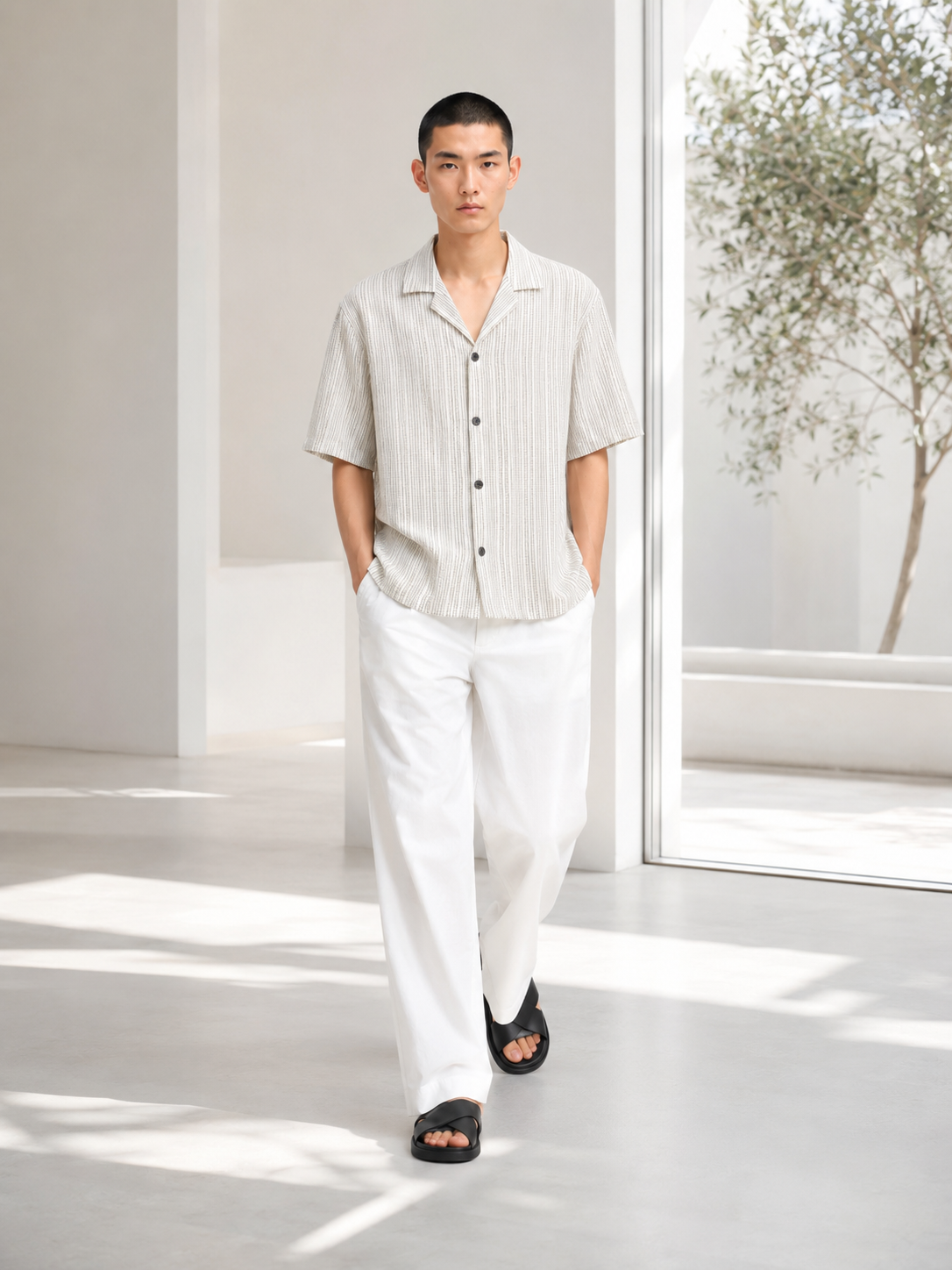Dotted Pinstripe Linen Camp Shirt