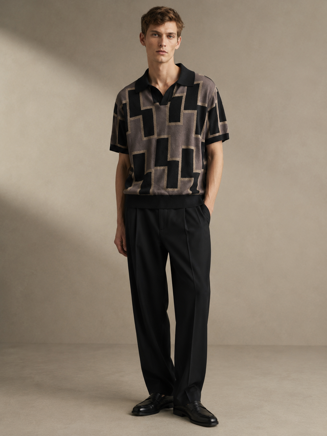 Architectural Geometry Knit Polo — styled