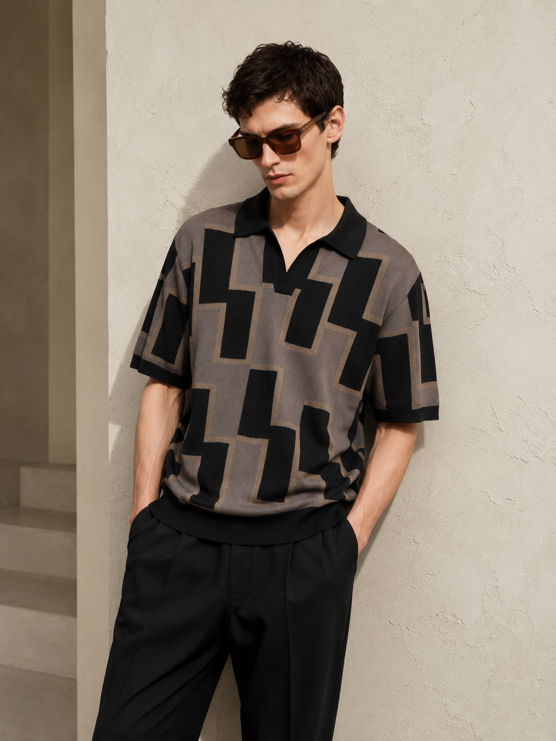 Architectural Geometry Knit Polo — styled