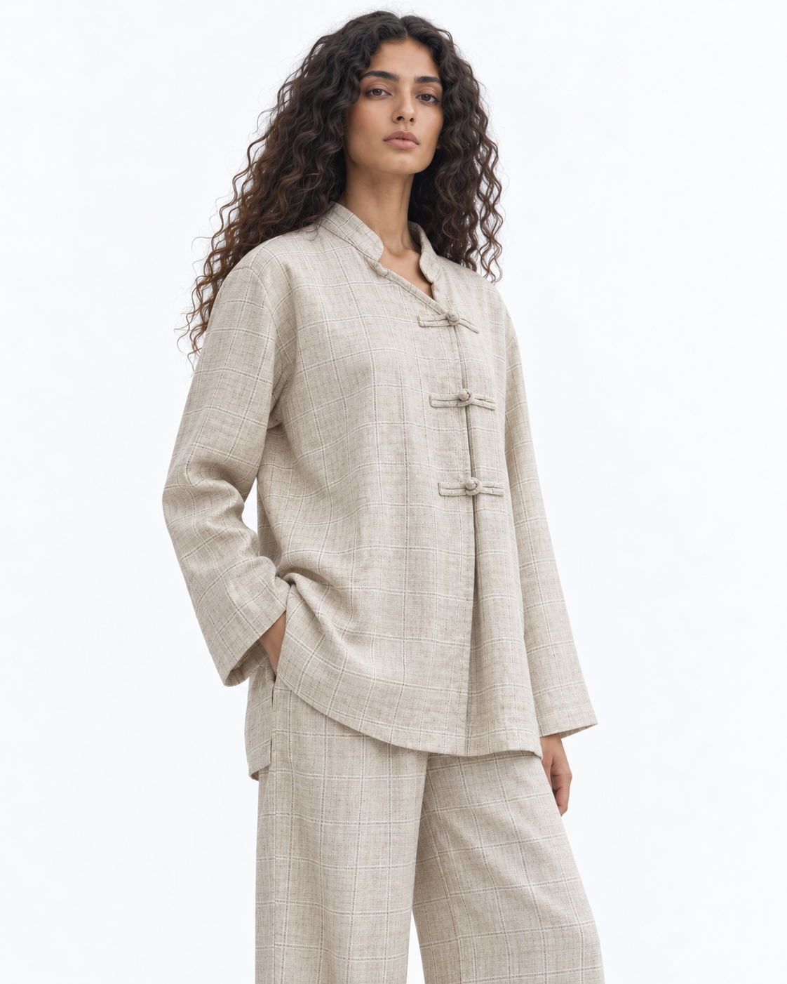Gazzelle Windowpane Frog-Closure Top — Sand Check