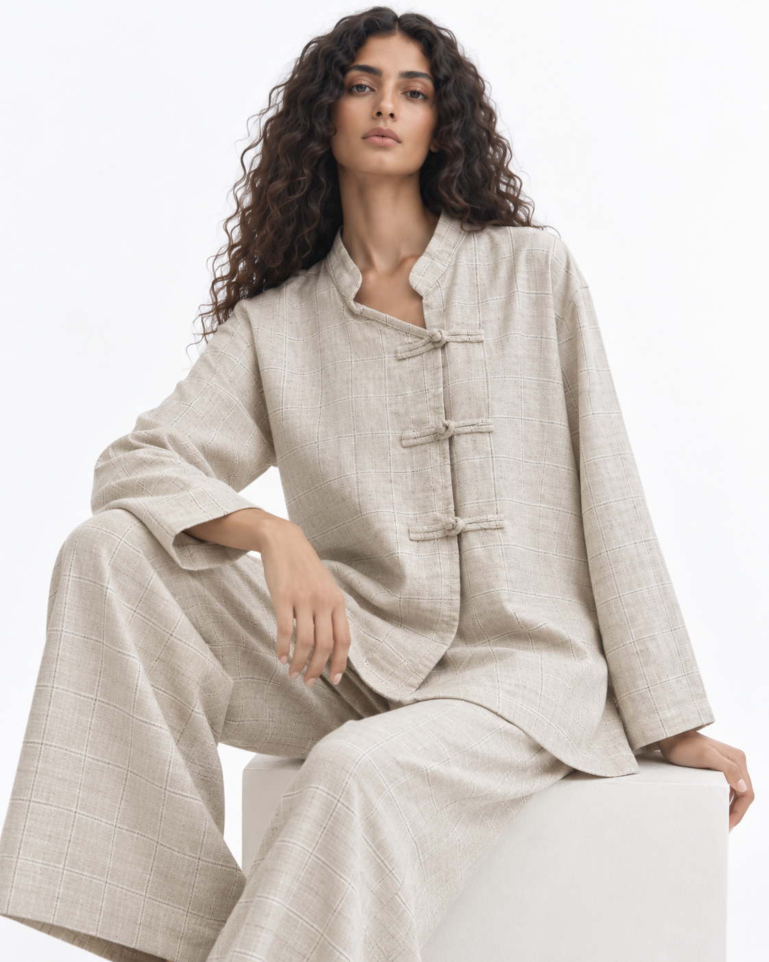 Gazzelle Windowpane Frog-Closure Top — Sand Check