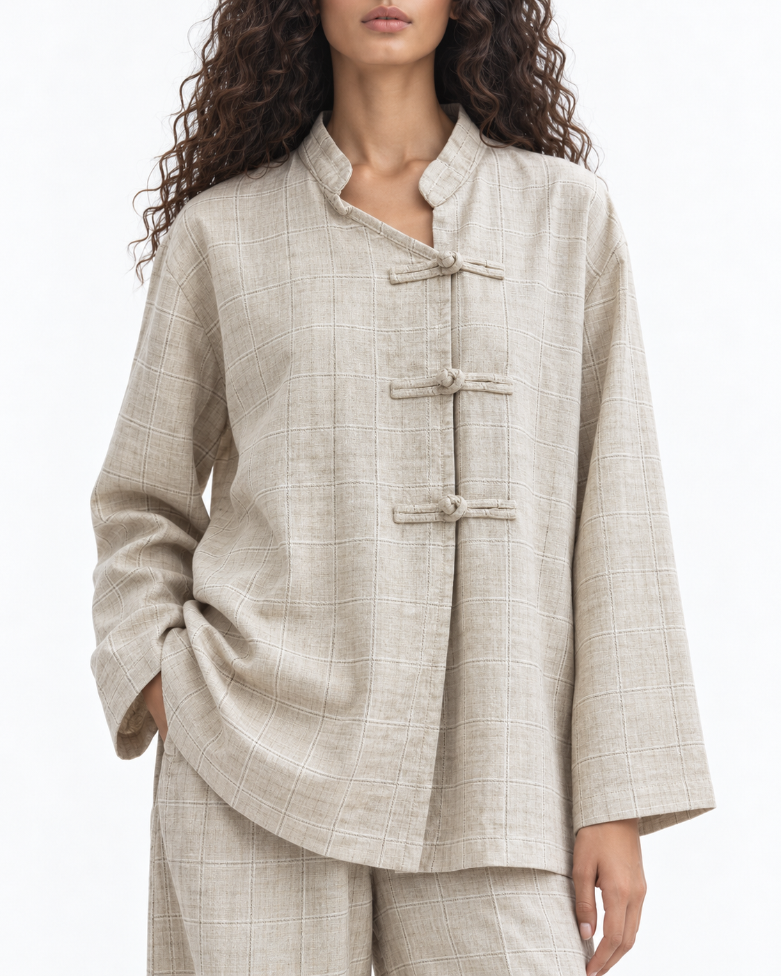 Gazzelle Windowpane Frog-Closure Top — Sand Check