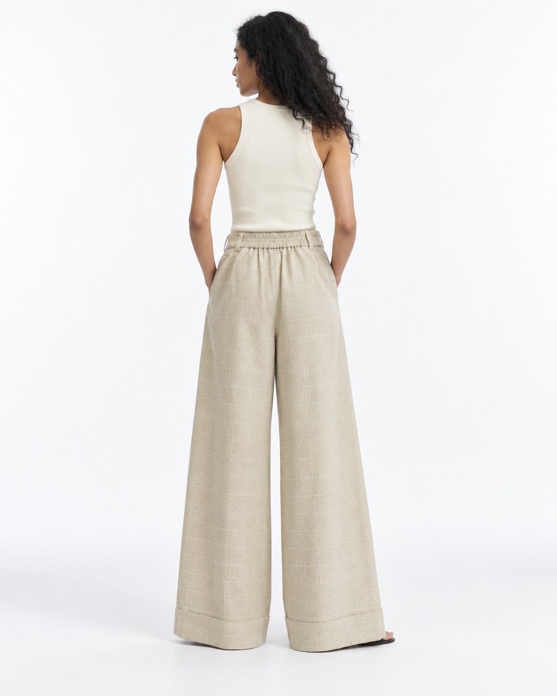 Gazzelle Windowpane Wide-Leg Pant — Sand Check