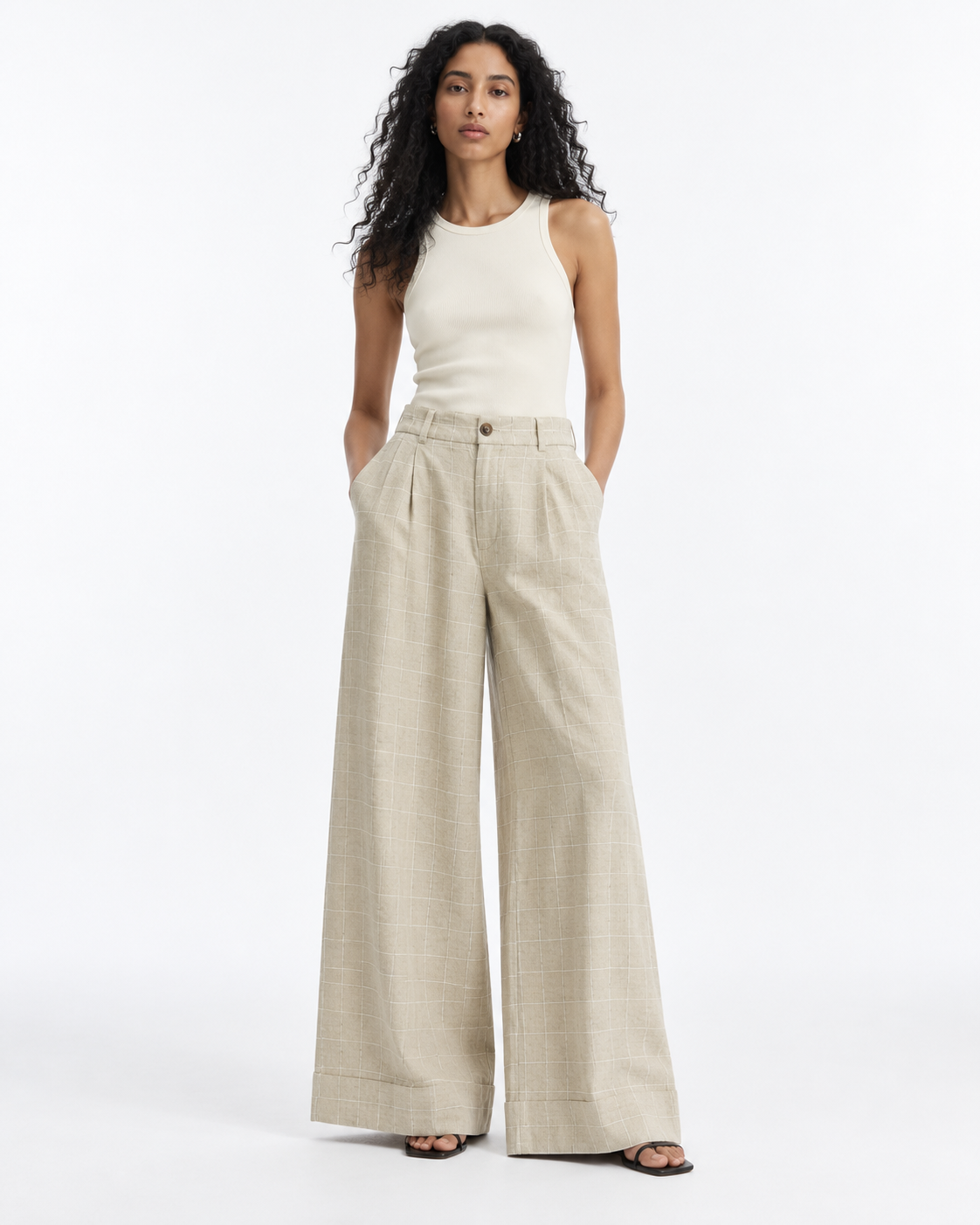 Gazzelle Windowpane Wide-Leg Pant — Sand Check