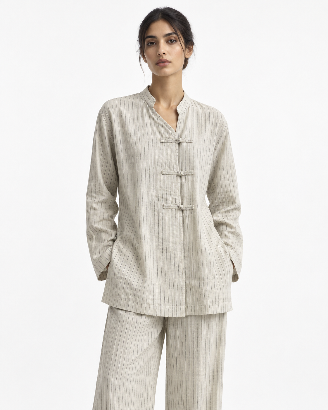 Gazzelle Crinkle-Linen Frog-Closure Top — Flax Pinstripe