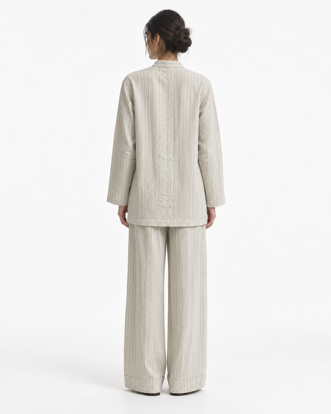 Gazzelle Crinkle-Linen Frog-Closure Top — Flax Pinstripe