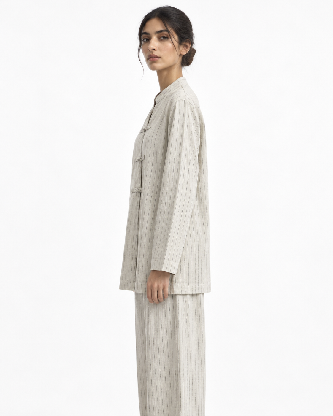 Gazzelle Crinkle-Linen Frog-Closure Top — Flax Pinstripe