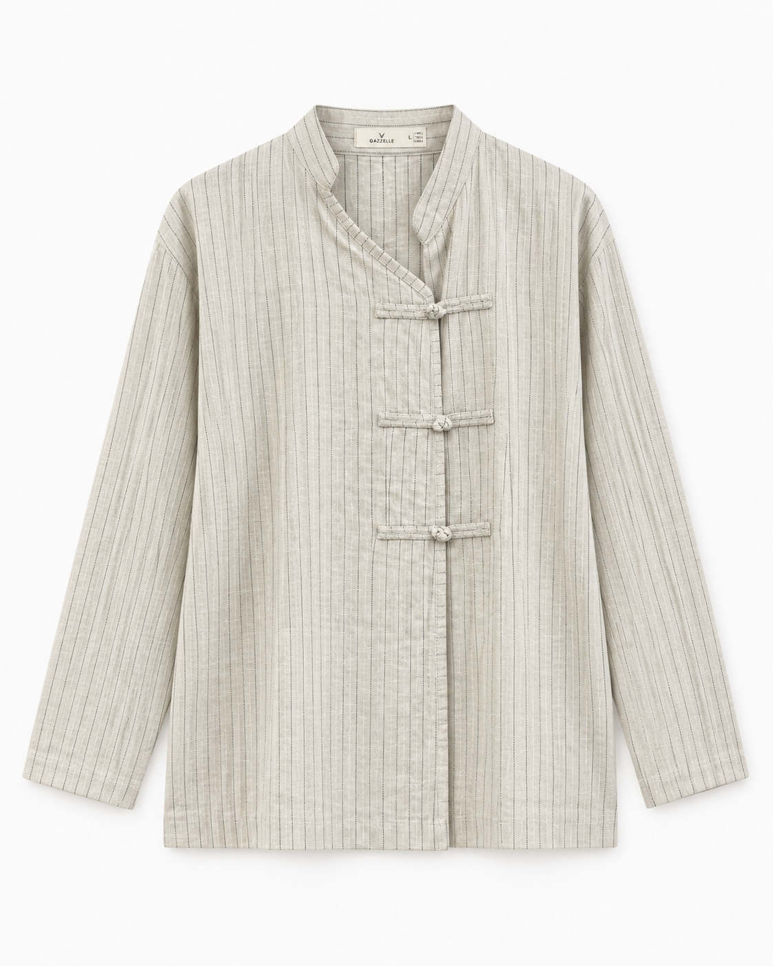 Gazzelle Crinkle-Linen Frog-Closure Top — Flax Pinstripe