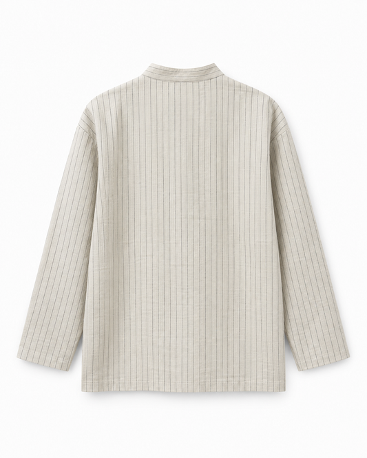 Gazzelle Crinkle-Linen Frog-Closure Top — Flax Pinstripe