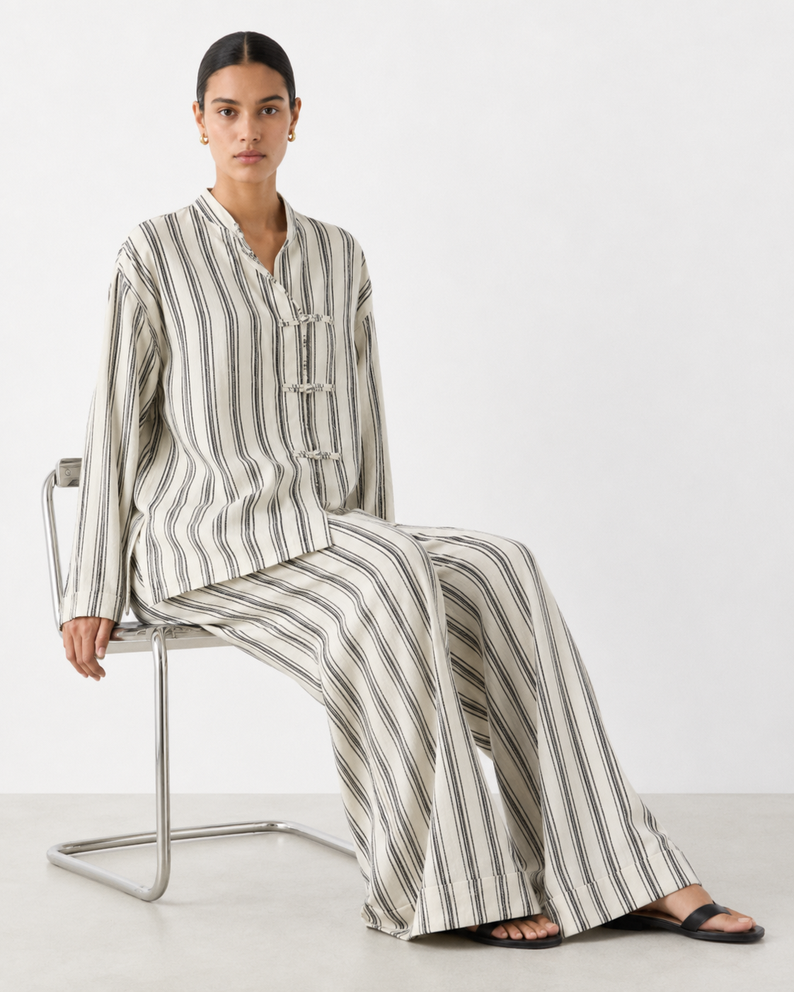 Gazzelle Striped Frog-Closure Top — Ivory Stripe