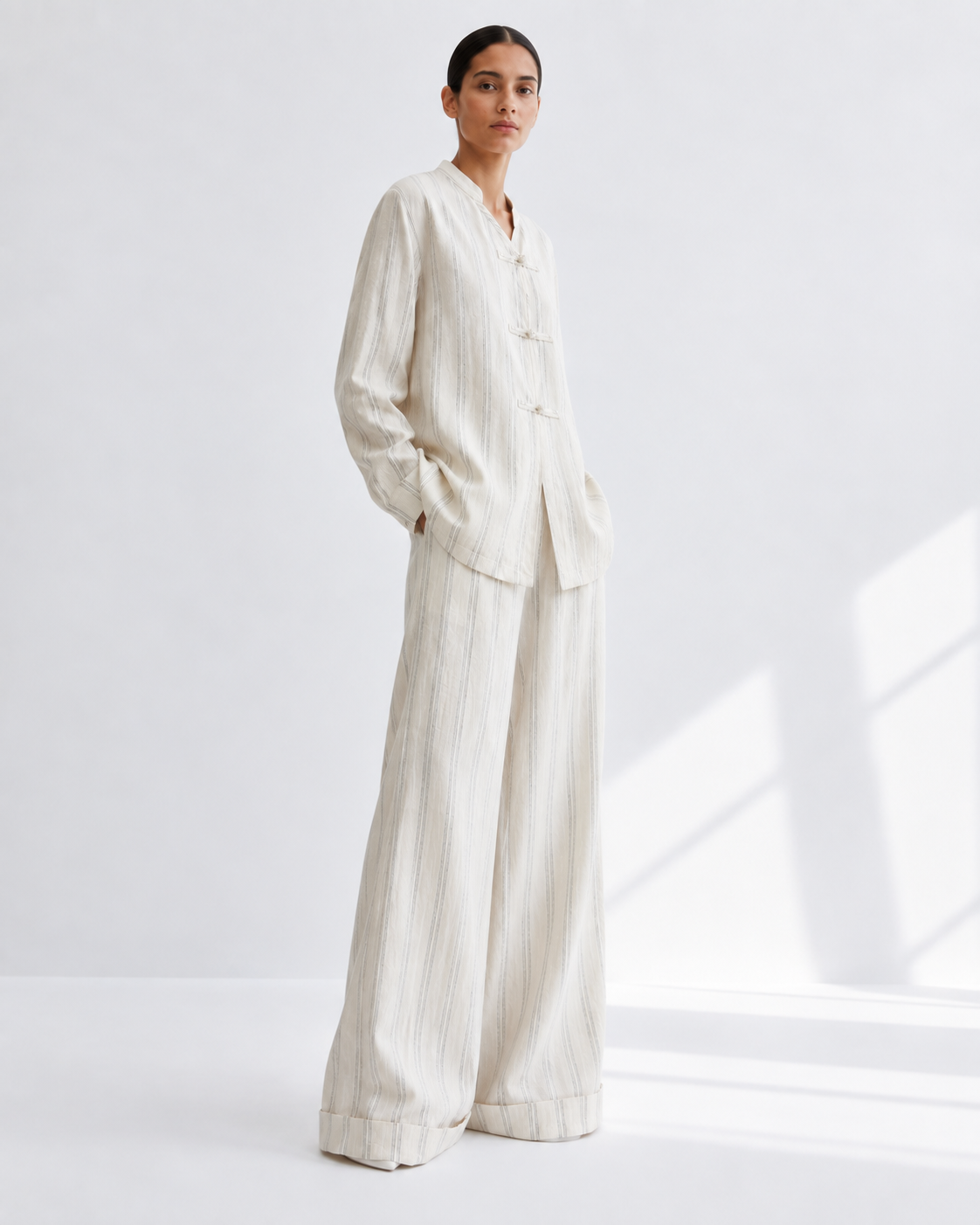 Gazzelle Ticking-Stripe Wide-Leg Pant — Cream Ticking