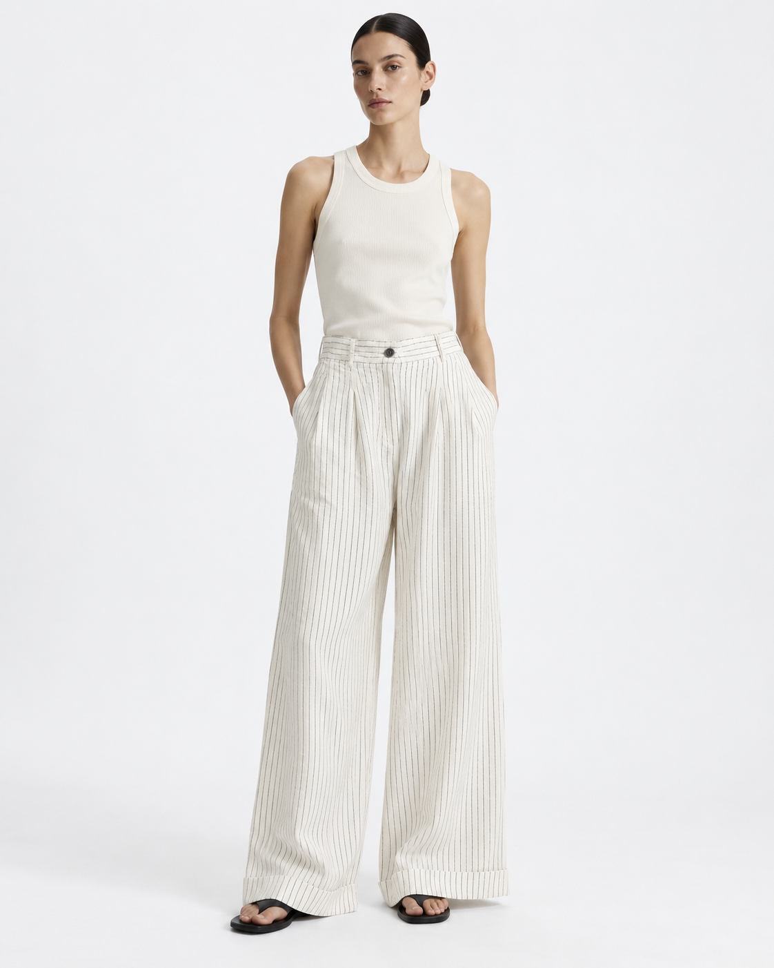 Gazzelle Pinstripe Wide-Leg Pant — White Pinstripe