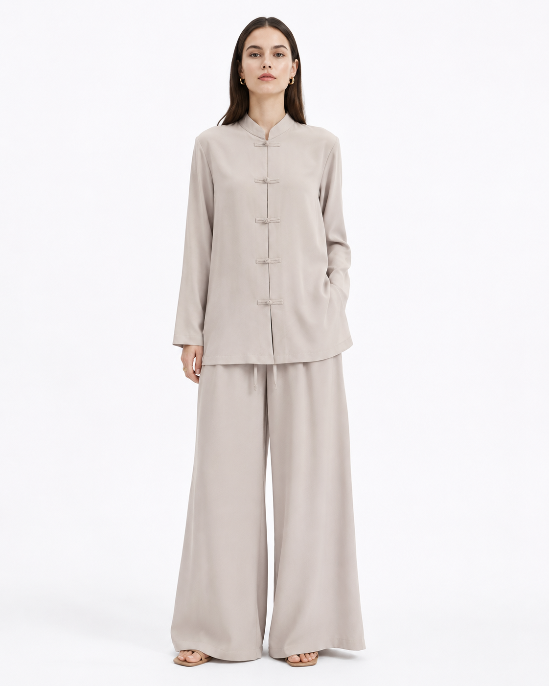 Soft Beige Frog-Closure Top