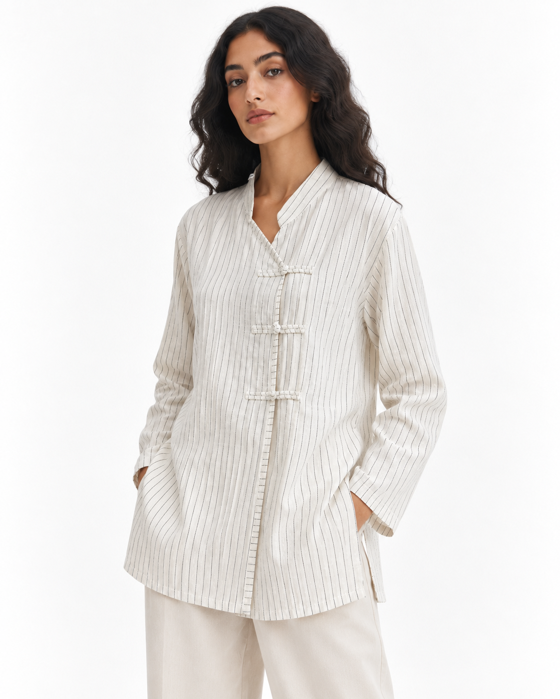 Gazzelle Pinstripe Frog-Closure Top — White Pinstripe