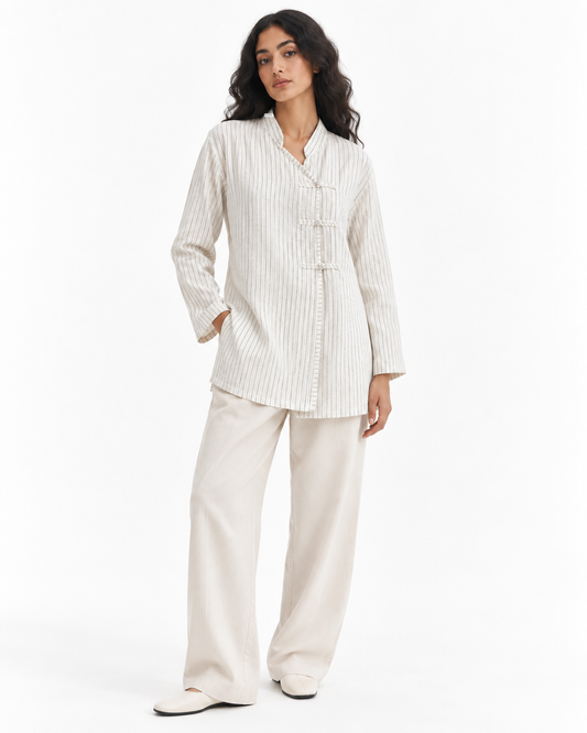 Gazzelle Pinstripe Frog-Closure Top — White Pinstripe