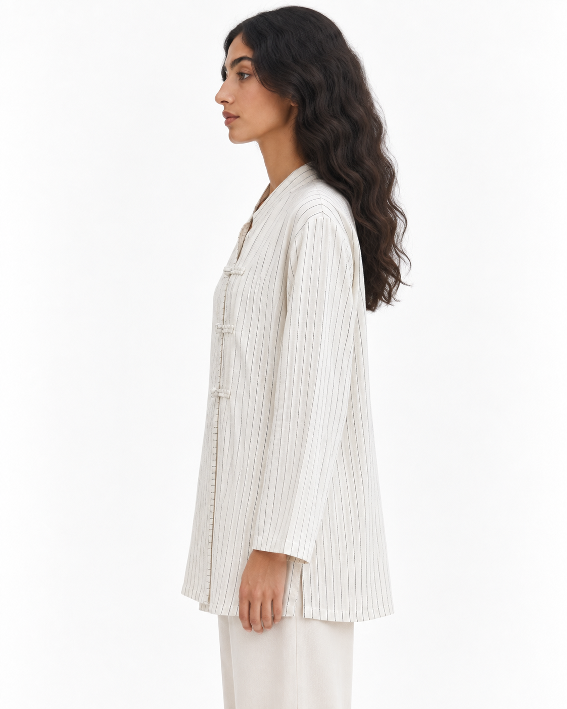 Gazzelle Pinstripe Frog-Closure Top — White Pinstripe