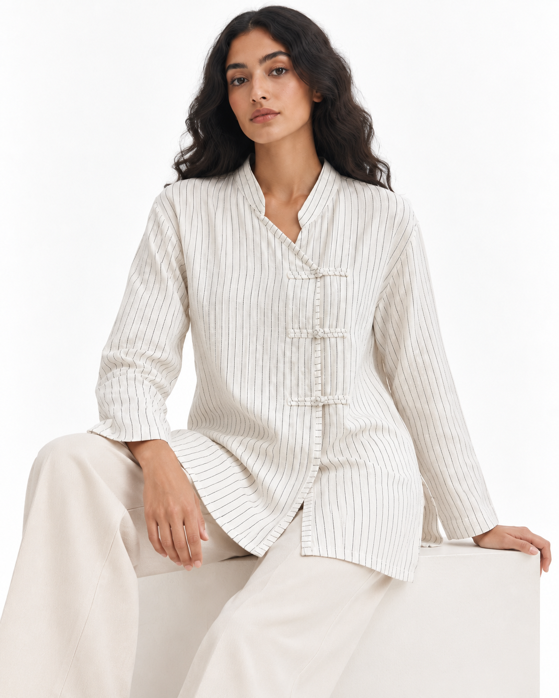 Gazzelle Pinstripe Frog-Closure Top — White Pinstripe