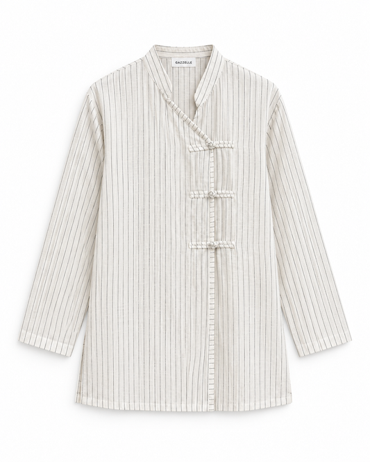 Gazzelle Pinstripe Frog-Closure Top — White Pinstripe